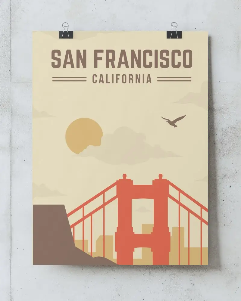 Wall Mounted Paper Mockup Hanging With Binder Clips On Concrete Textured Background Urban Travel Poster Display