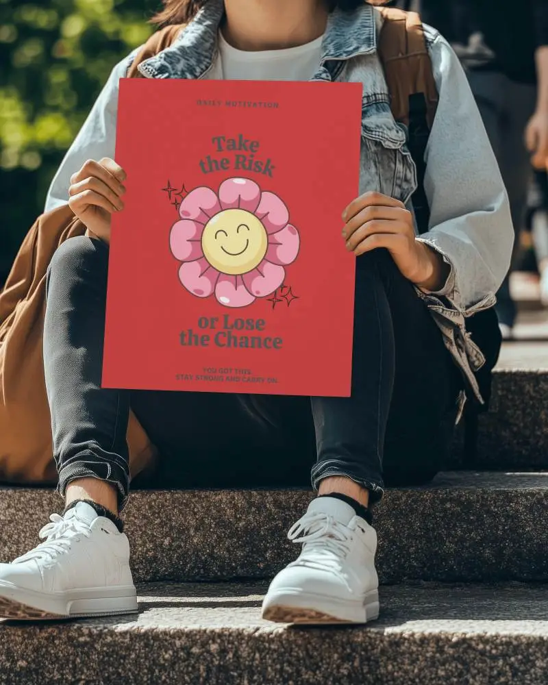 Style Poster Mockup Held By Sitting Person On Outdoor Steps In Natural Light