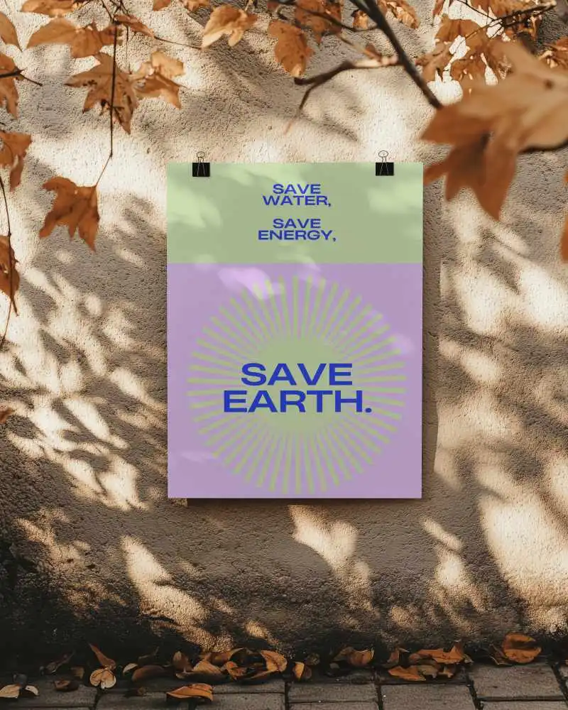 Urban Wall Poster Mockup Hanging With Clips Against Textured Surface Surrounded By Autumn Leaves And Nature Shadows In Soft Evening Light