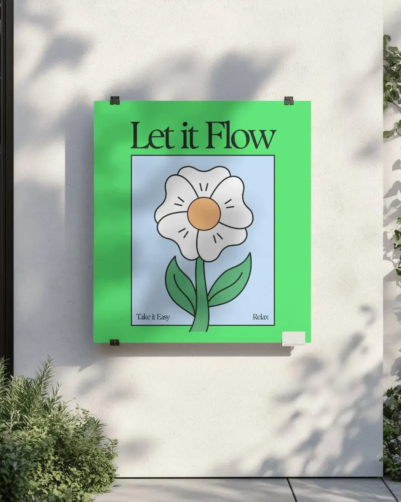 Minimal Flower Themed Wall Poster Mockup Attached With Metal Clips On White Textured Surface Framed By Greenery And Soft Natural Daylight Shadows