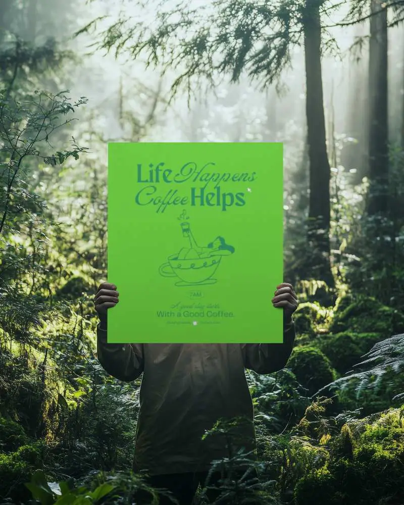 Forest Environment Paper Poster Mockup Held By Person In Nature Morning Light Coffee Themed Graphic Display