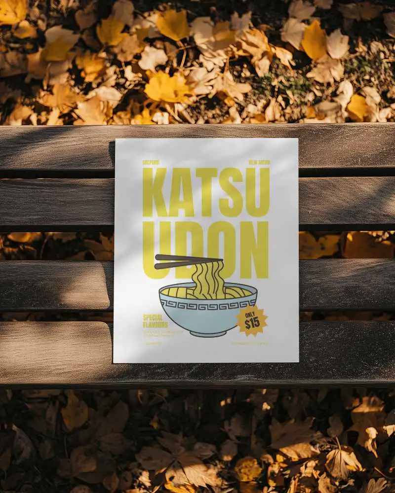 Autumn Wooden Bench Paper Poster Mockup With Fallen Leaves Around Format Promotional Template For Brand Presentation