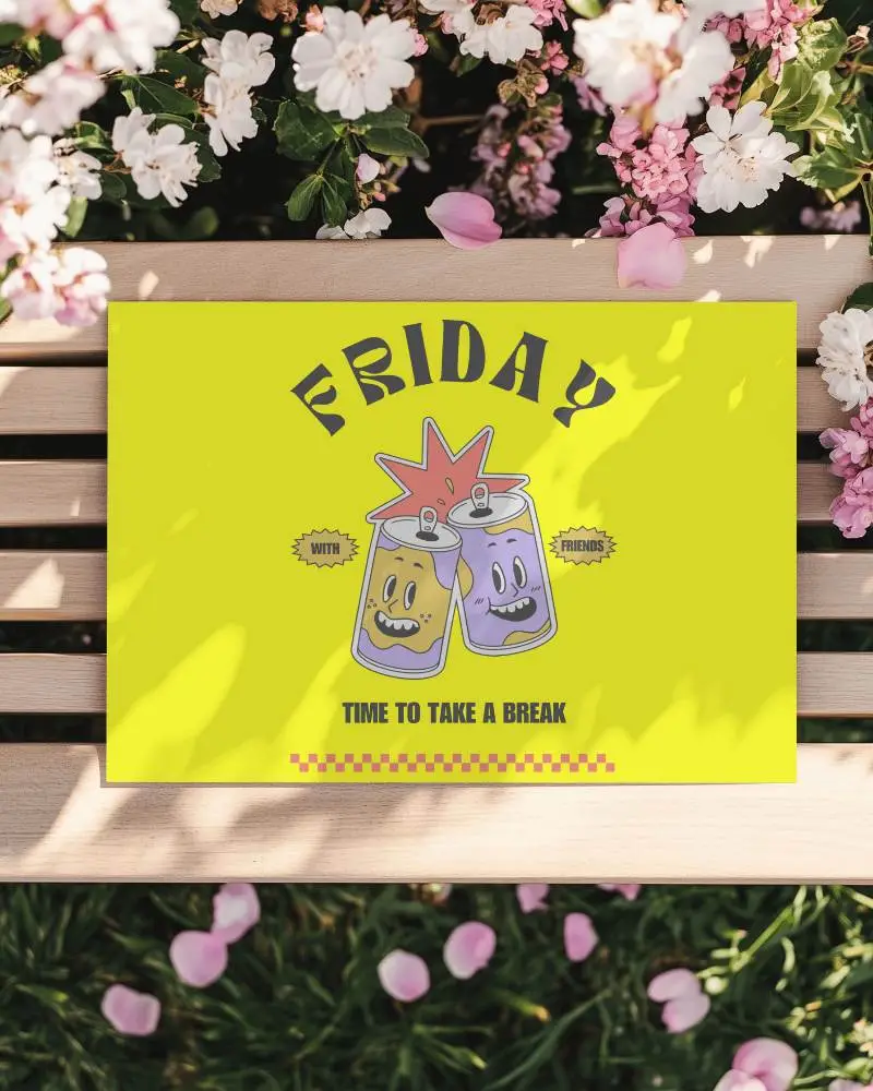 Spring Blossom Bench Paper Poster Mockup Landscape Orientation With Colorful Theme Cans Illustration And Message