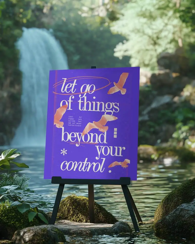 Waterfall Forest Easel Poster Mockup Nature Surrounding Tranquil Background With Uplifting Message And Flying Birds Theme