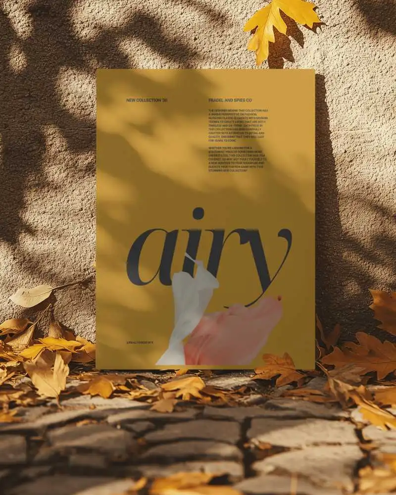 Ground Shadow Poster Mockup On Textured Wall With Dry Leaves Soft Lighting Fashion Collection Advertisement Scene