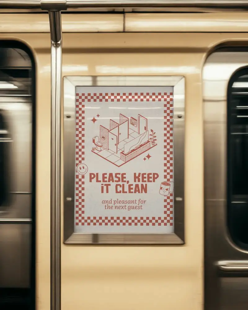 Urban Subway Poster Mockup Metallic Frame On Yellow Train Door Motion Blur In Background