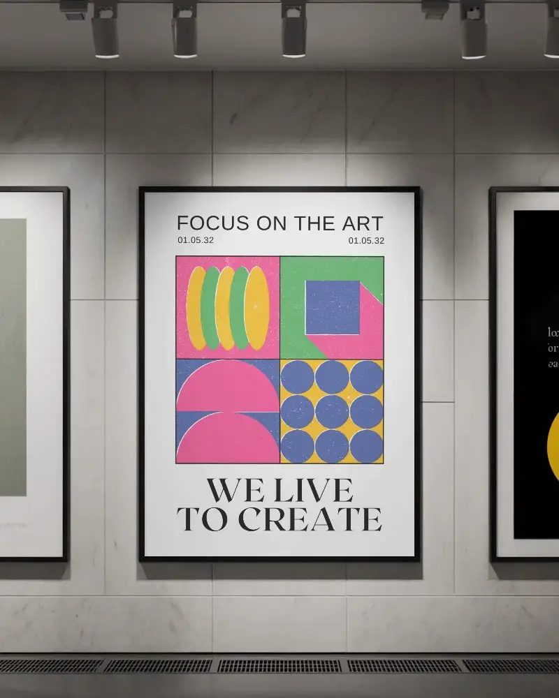 Gallery Wall Poster Mockup A4 Frame Under Ceiling Spotlights On White Marble Tiles In Art Exhibit