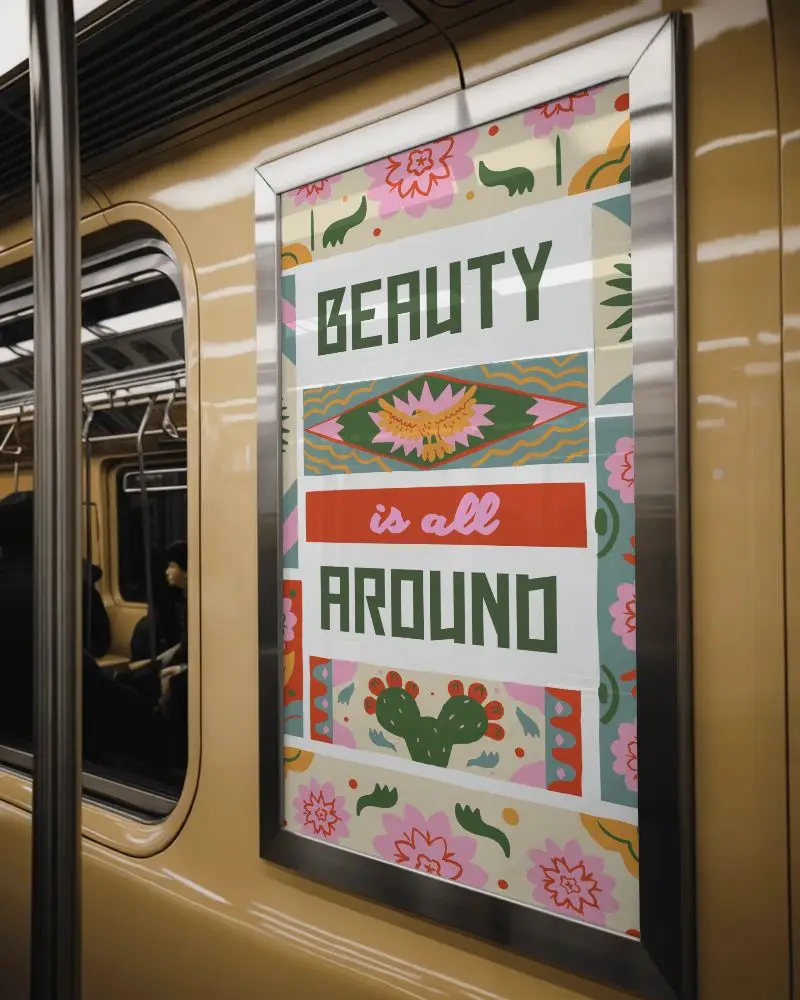 Poster Mockup Inside Subway Yellow Walls With Reflections And Seated Passengers