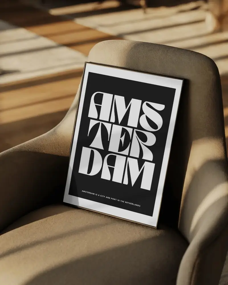 Framed Poster On Cozy Armchair With Warm Light And Soft Sunset Shadow