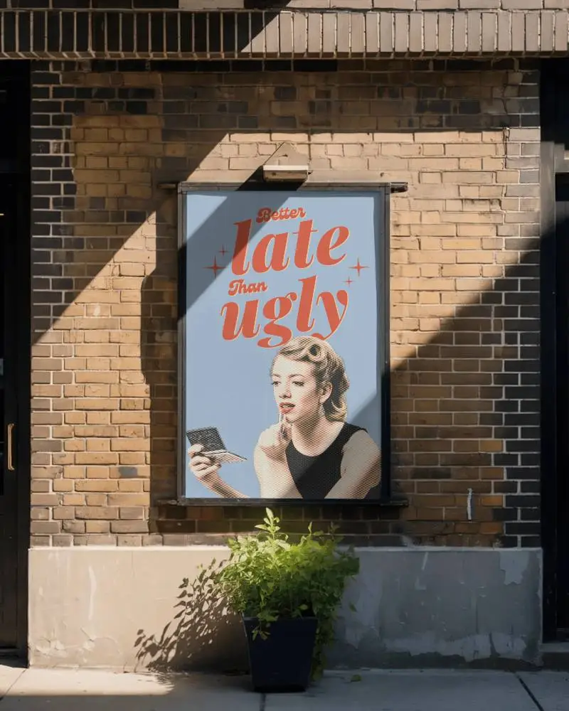 Poster Mockup On Brick Wall With Sunlight Angle And Potted Plant Below