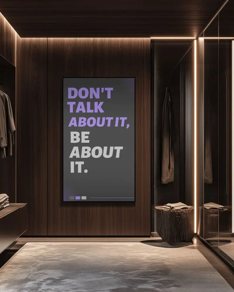  Wall Poster Mockup Mounted In Modern Wood Paneled Dressing Room With Warm Lighting And Reflective Glass Elements