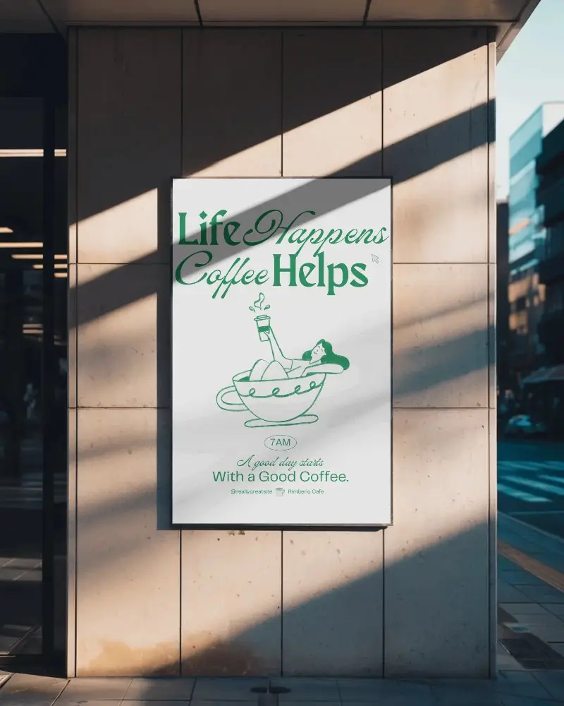 Poster Mockup On Stone Wall With Evening Sunlight And City Street In Background