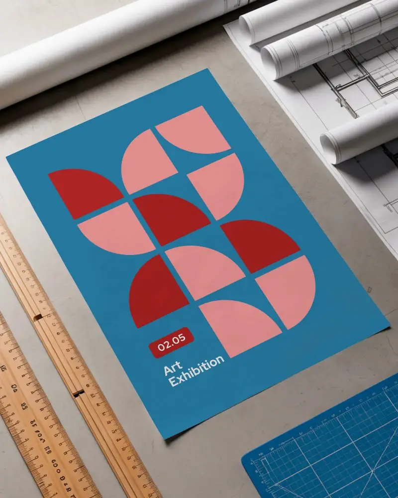 Poster Mockup On Architect Desk With Rulers And Blueprint Paper Rolls