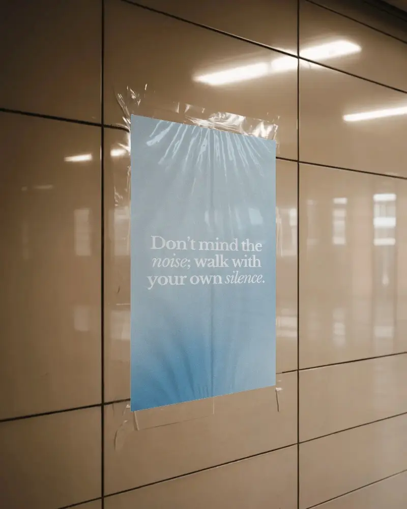 Poster Mockup Taped On Tiled Wall Under Clear Crinkled Plastic Wrap