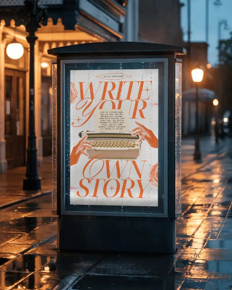 Bus Stop Billboard Poster Mockup On Rainy Night With Street Lights And Wet Pavement