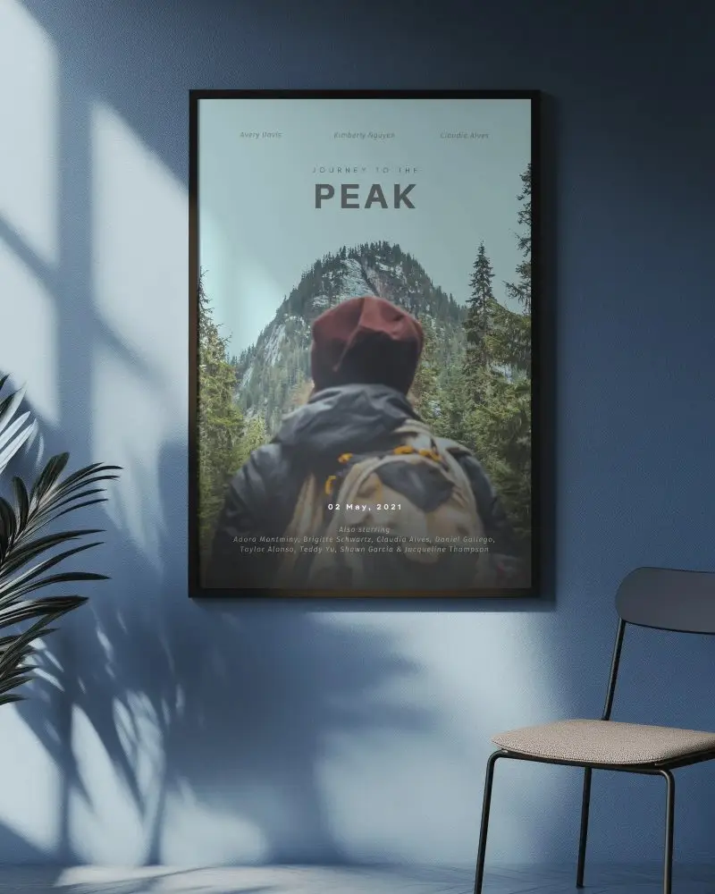 Moody Interior Poster Mockup Dark Blue Wall Light Beam Chair Shadow Corner Display