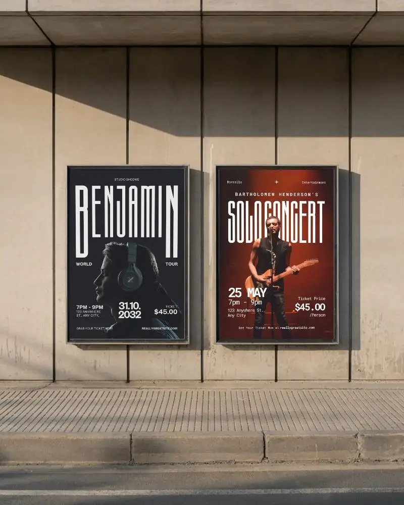 Outdoor Twin Poster Mockups Concrete Wall Evening Shadows Street View Symmetric Design