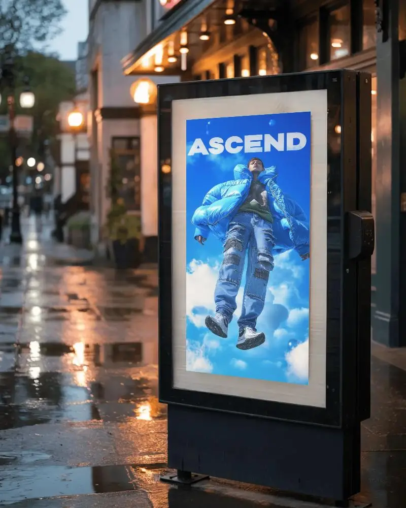 City Street Poster Mockup Night Rain Reflection Black Frame Urban Advertising Board