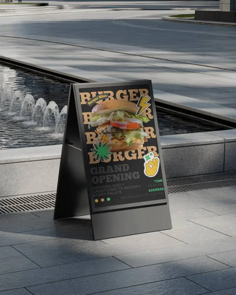 Urban Outdoor Folding Poster Mockup Black A Frame Next To Fountain Minimal Architecture