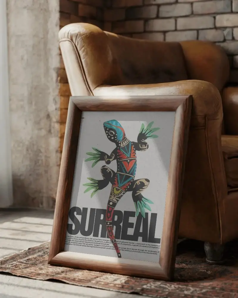 Vintage Leather Chair Poster Mockup Wooden Frame Sunlight Rug Rustic Lounge Setting