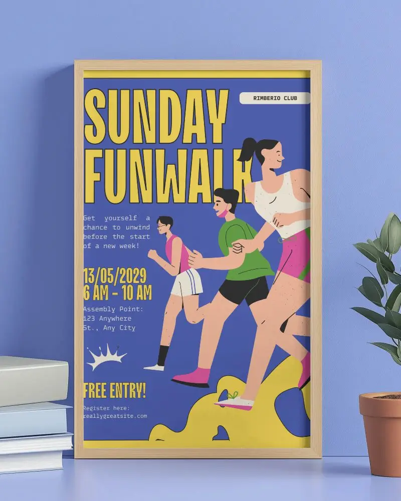 Colorful Interior Poster Mockup Light Wood Frame Books And Plant On Blue Desk