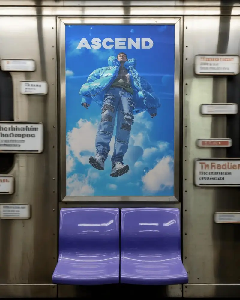 Subway Metal Wall Poster Mockup Purple Seats Underground Commute Station Ad Slot