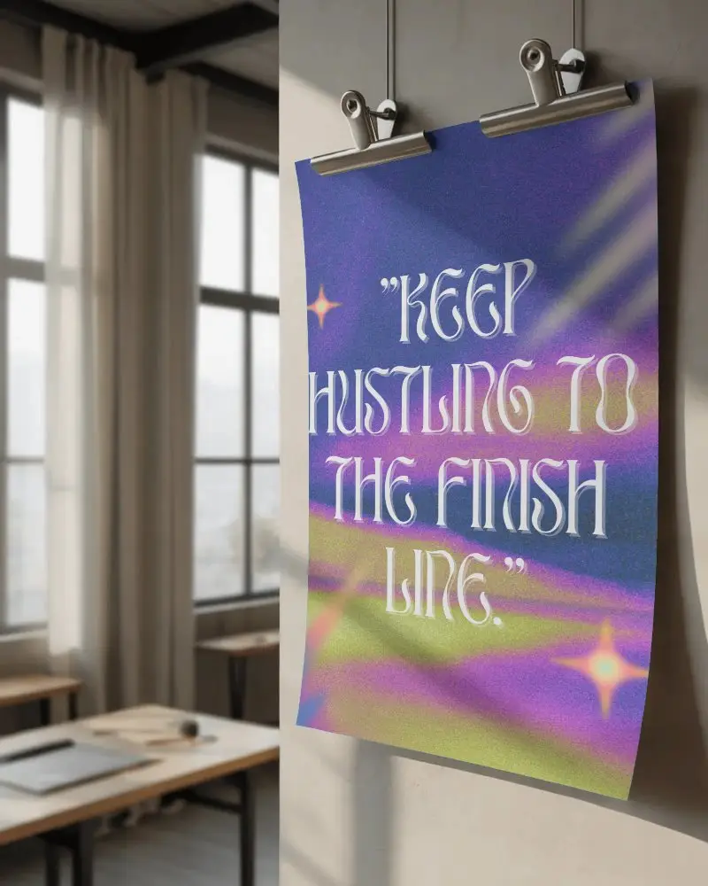 Hanging Clip Poster Mockup Office Wall Soft Sunlight Industrial Curtains And Desk