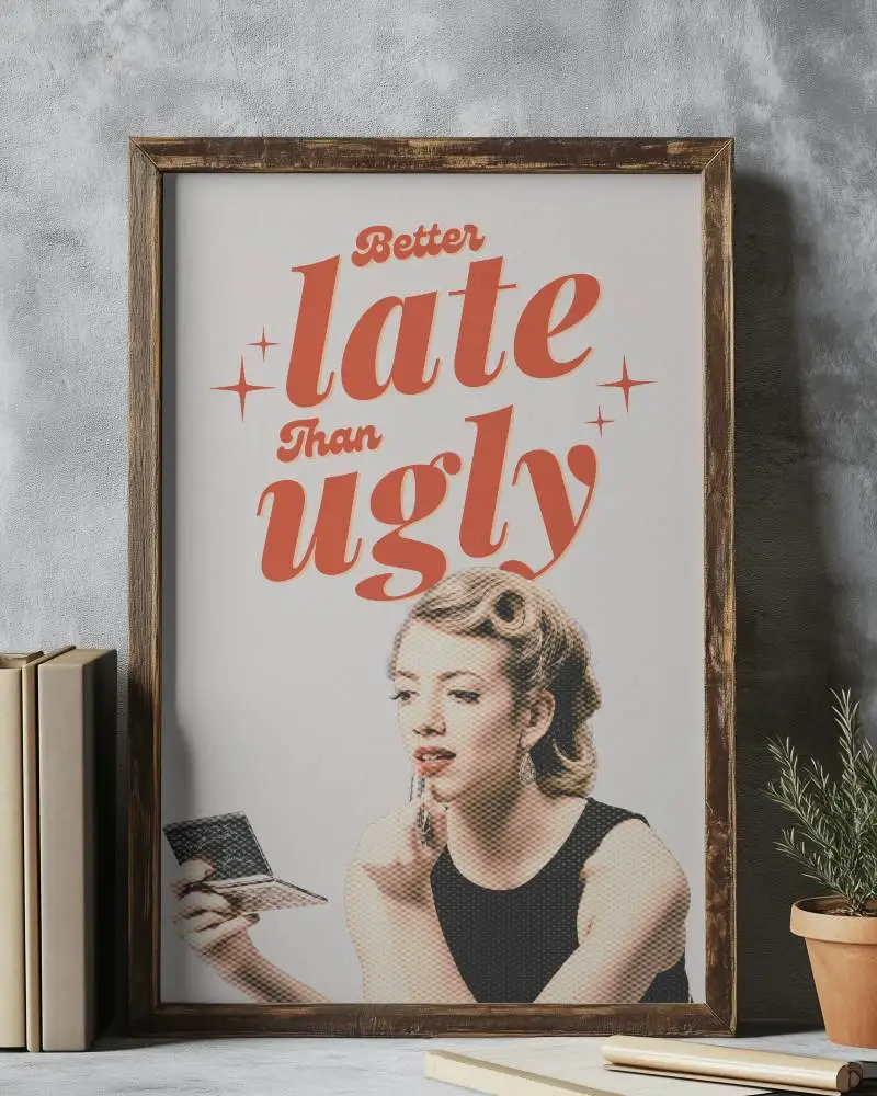 Minimal Desk Poster Mockup Dark Wooden Frame Books And Plant On Concrete Surface