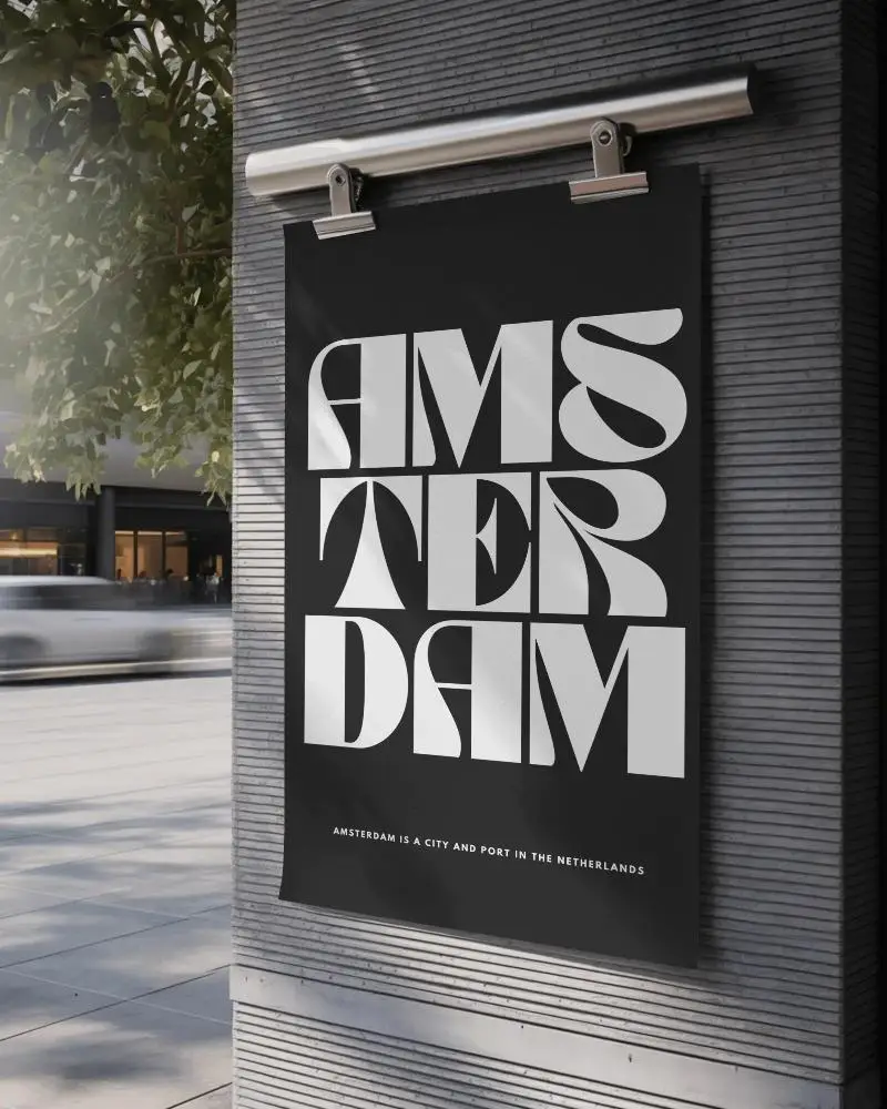 Outdoor Wall Poster Mockup Hanging Metal Clip Dark Panel Shadowy Sidewalk Scene