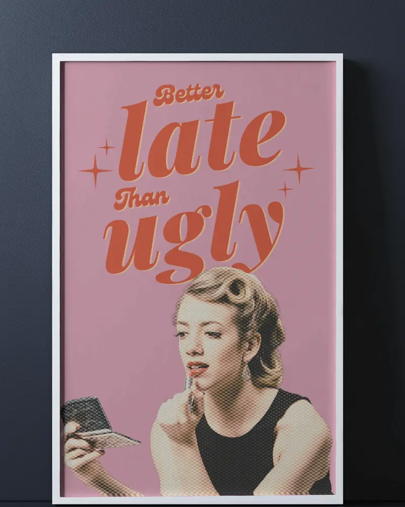 Vintage Style Poster Mockup With Retro Woman Applying Lipstick And Bold Sassy Typography