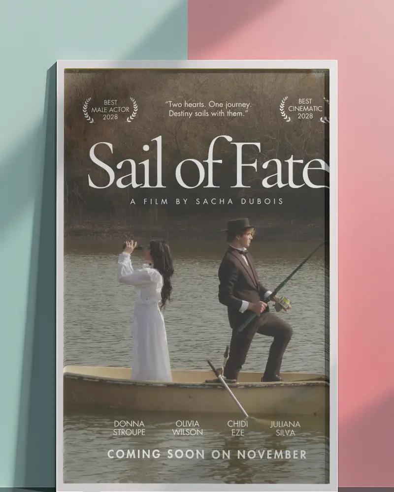 Framed Cinematic Poster Mockup Showcasing Romantic Drama Scene On Boat From Upcoming Film