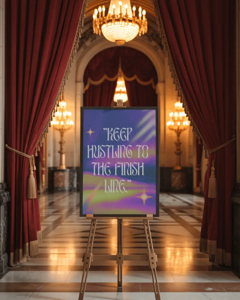 Regal Mansion Hall Poster Mockup With Vibrant Gradient Quote Framed By Opulent Curtains