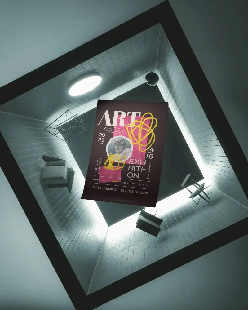 3d Styled Poster Mockup Floating Over Geometric Space With Tilted Lighting And Furnishings