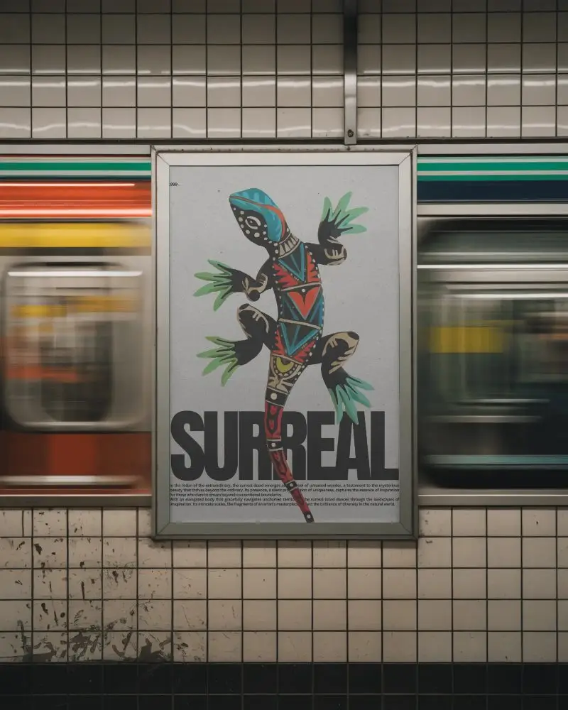 Subway Station Poster Mockup With Blurred Train Motion On Tiled Wall Backdrop