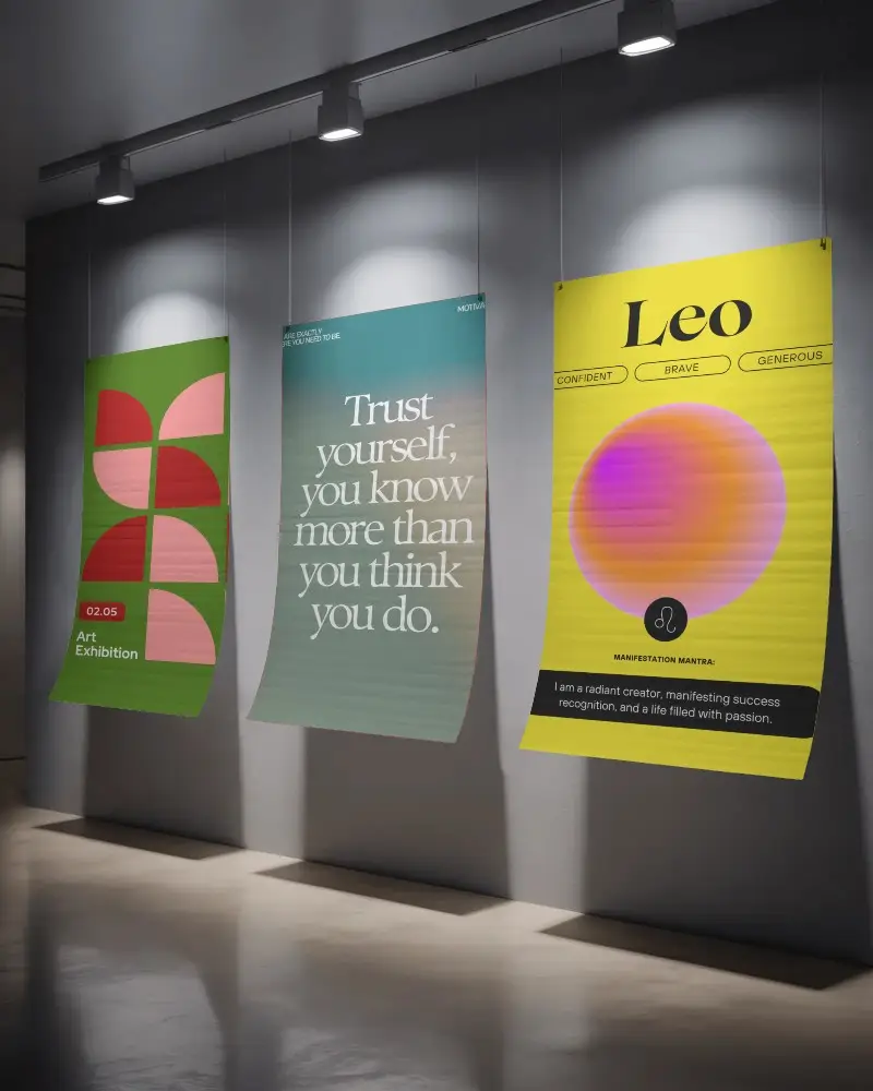 Gallery Style Hanging Poster Mockup Under Spotlights With Curved Paper Texture