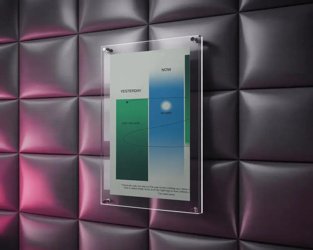 Luxury Acrylic Frame Poster Mockup Mounted On Pink Glow Padded Leather Wall