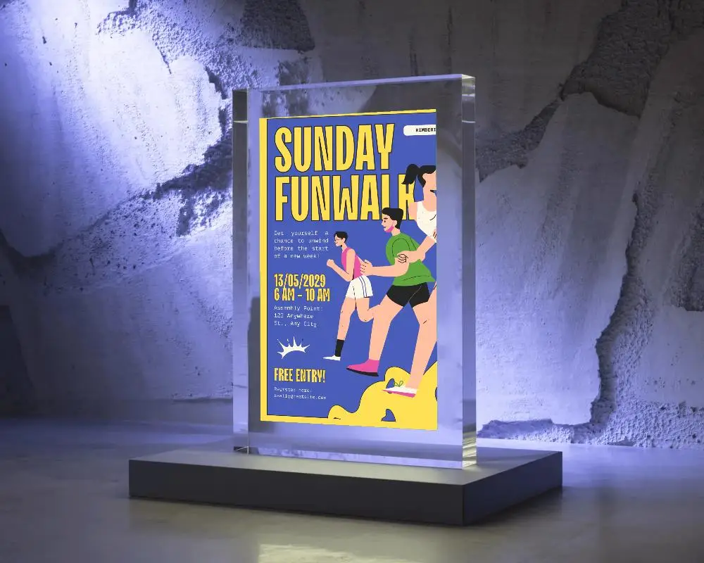 Illuminated Glass Poster Mockup On Dark Podium With Concrete Wall And Purple Light