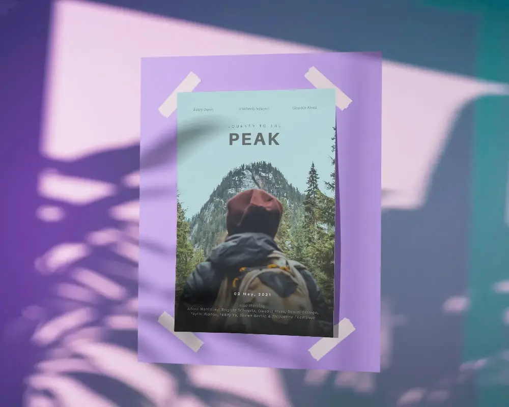 Taped Poster Mockup On Pastel Purple Wall With Leaf Shadows And Soft Sunlight