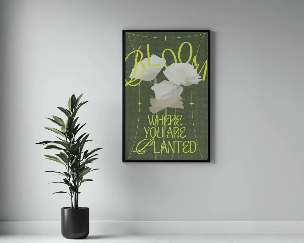 Minimal Interior Framed Poster Mockup On Gray Wall With Potted Green Plant