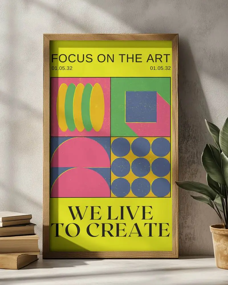 Sunlit Minimal Poster Mockup Wooden Frame Against Textured Wall With Books And Greenery