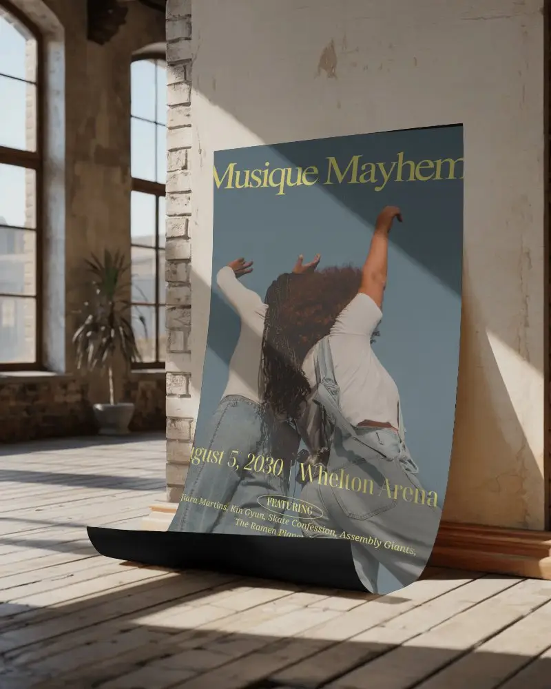 Rustic Studio Poster Mockup Curved Paper Leaning On Wall With Arched Window Lighting