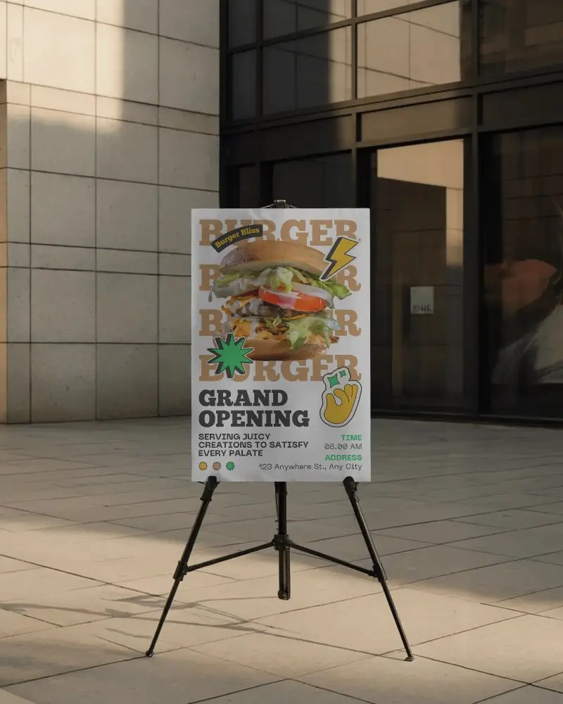 Outdoor Tripod Poster Mockup In Modern Urban Plaza With Hard Shadows And Stone Tiles