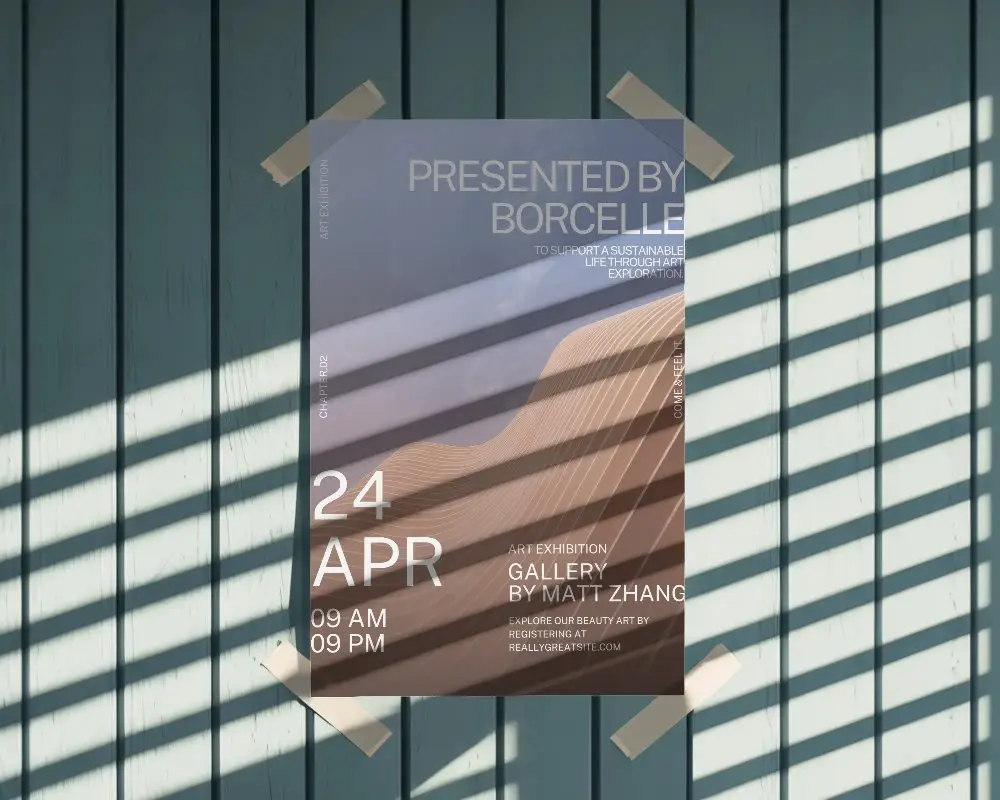 Shadow Stripes Poster Mockup Taped Corners On Blue Wood Wall In Soft Sunlight
