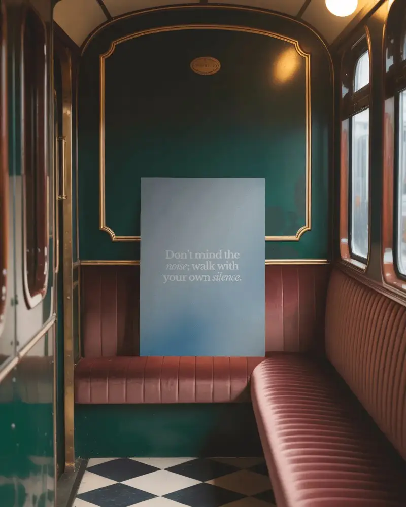 Vintage Train Poster Mockup Framed In Retro Carriage With Leather Seats And Arched Panel