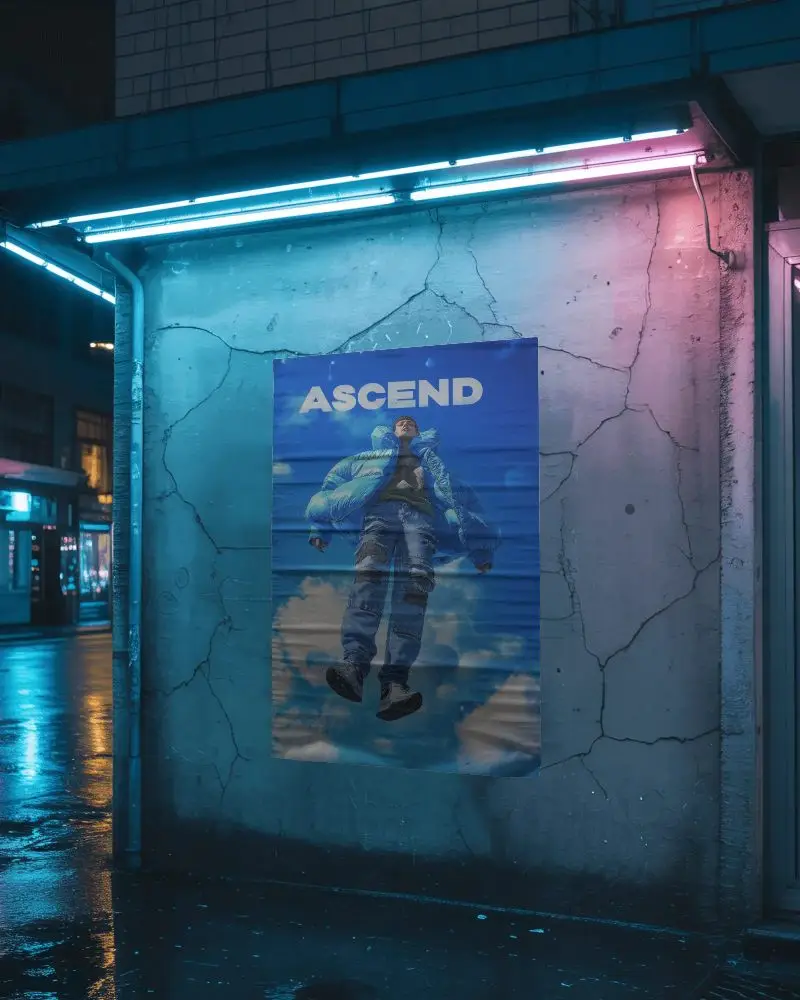 Cracked Wall Poster Mockup In Vibrant City Neon Lights With Reflections On Wet Ground