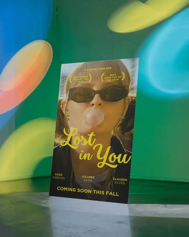 Abstract Light Poster Mockup Tilted Poster In Vibrant Studio With Color Projections