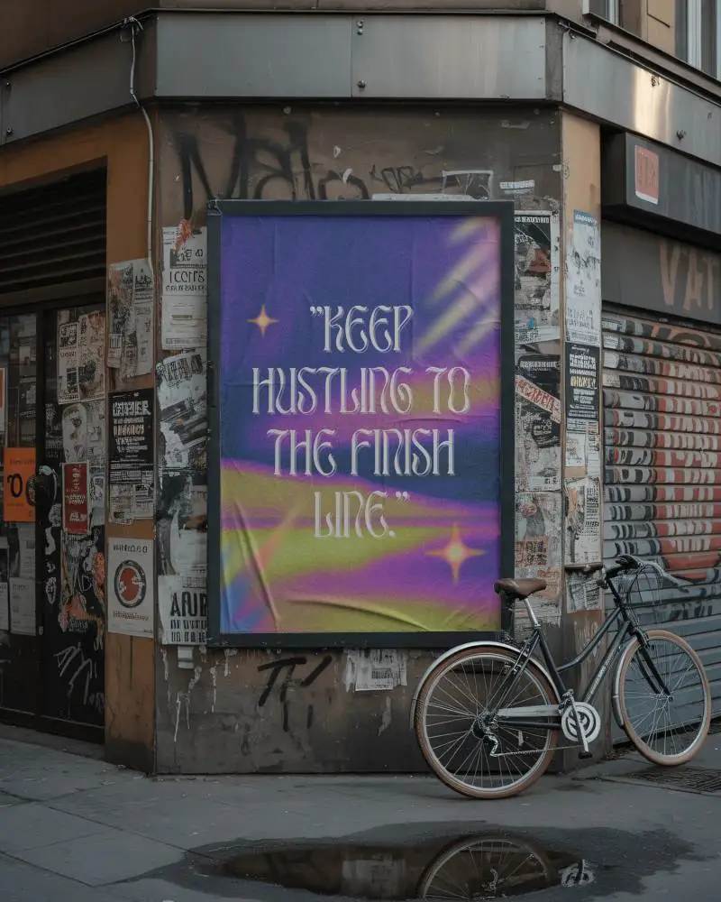 Grungy Street Poster Mockup On Weathered Wall With Peeling Ads And Parked Bicycle