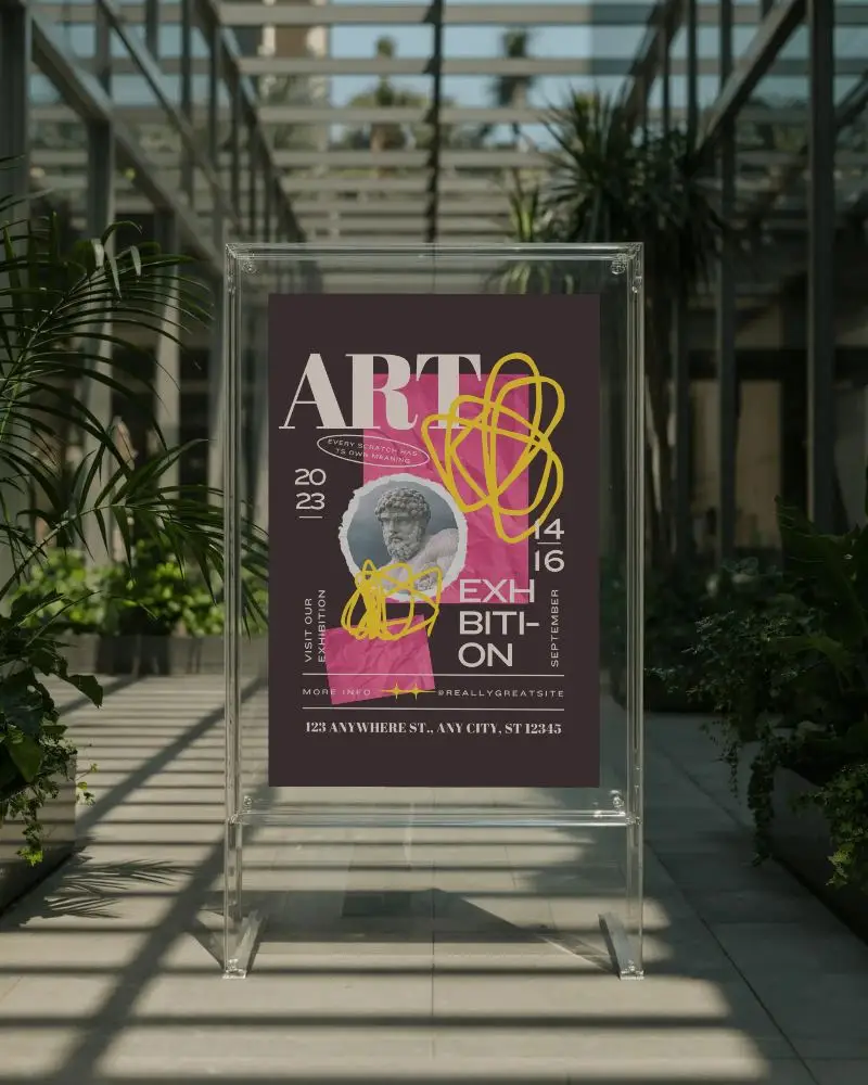 Modern Plant Filled Indoor Poster Mockup Clear Frame Standing On Tiled Floor In Bright Light