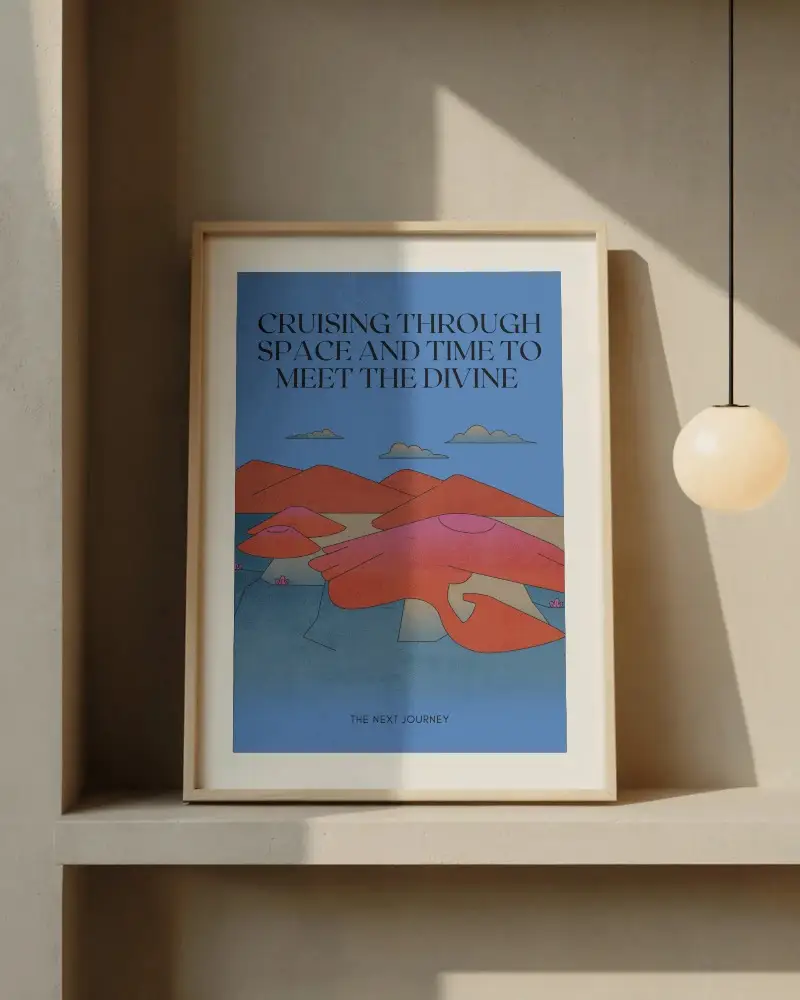 Modern Minimalist Poster Mockup Placed On Light Beige Shelf With Soft Ambient Lighting