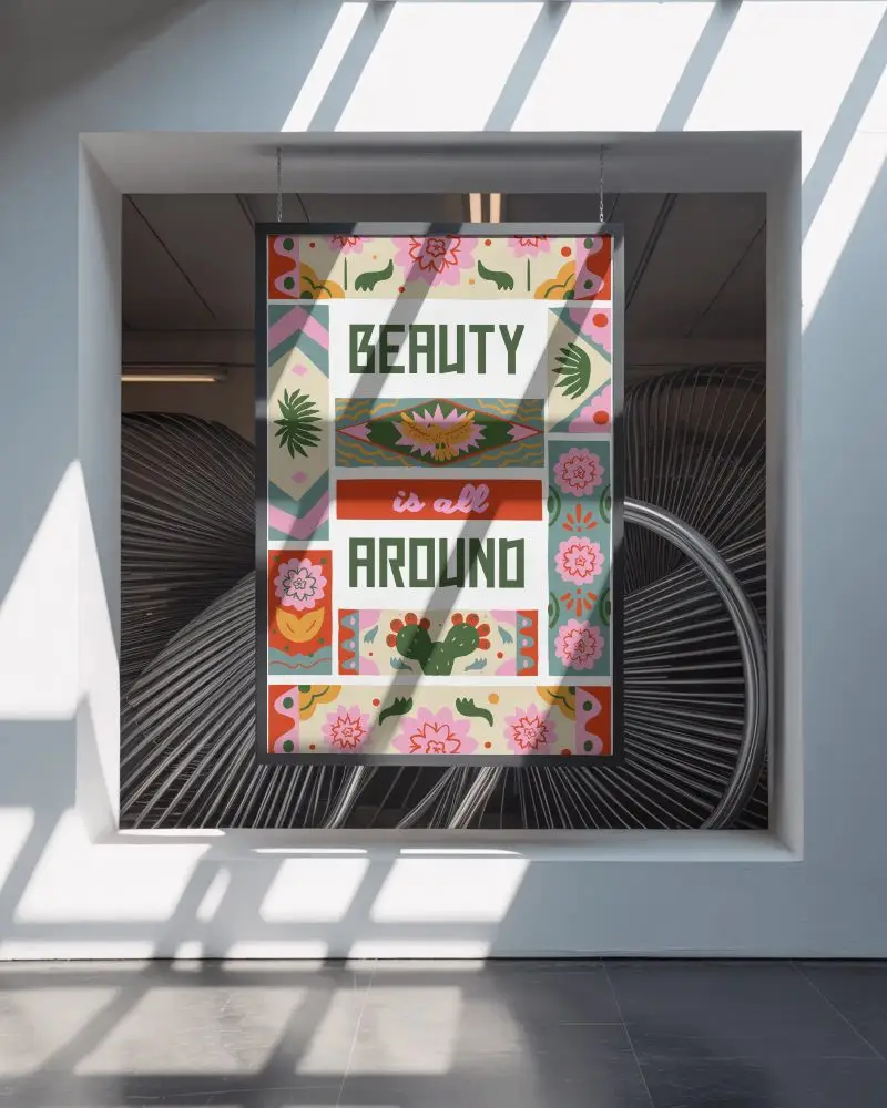 Modern Industrial Poster Mockup Hanging In Minimalistic Exhibition Space With Natural Light